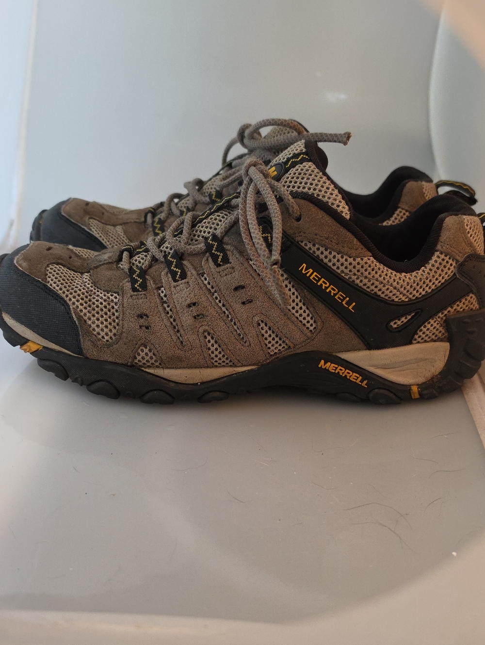 Merrell Men's Taupe and Black Trail Running Shoes with Yellow Accents